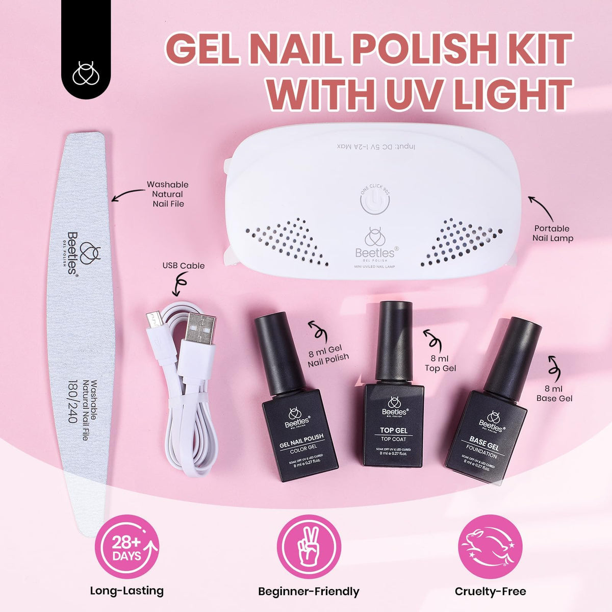 Beetles UV/LED lamp beside base, color and top coat bottles displaying readiness