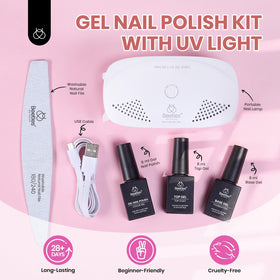 Beetles UV/LED lamp beside base, color and top coat bottles displaying readiness