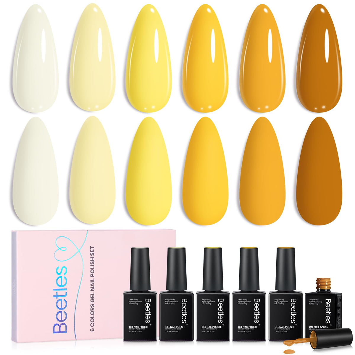Beetles front packaging showing six yellow gel polish bottles and brand clarity