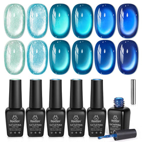 Beetles front packaging showing six blue cat eye gel polish shades for versatile looks