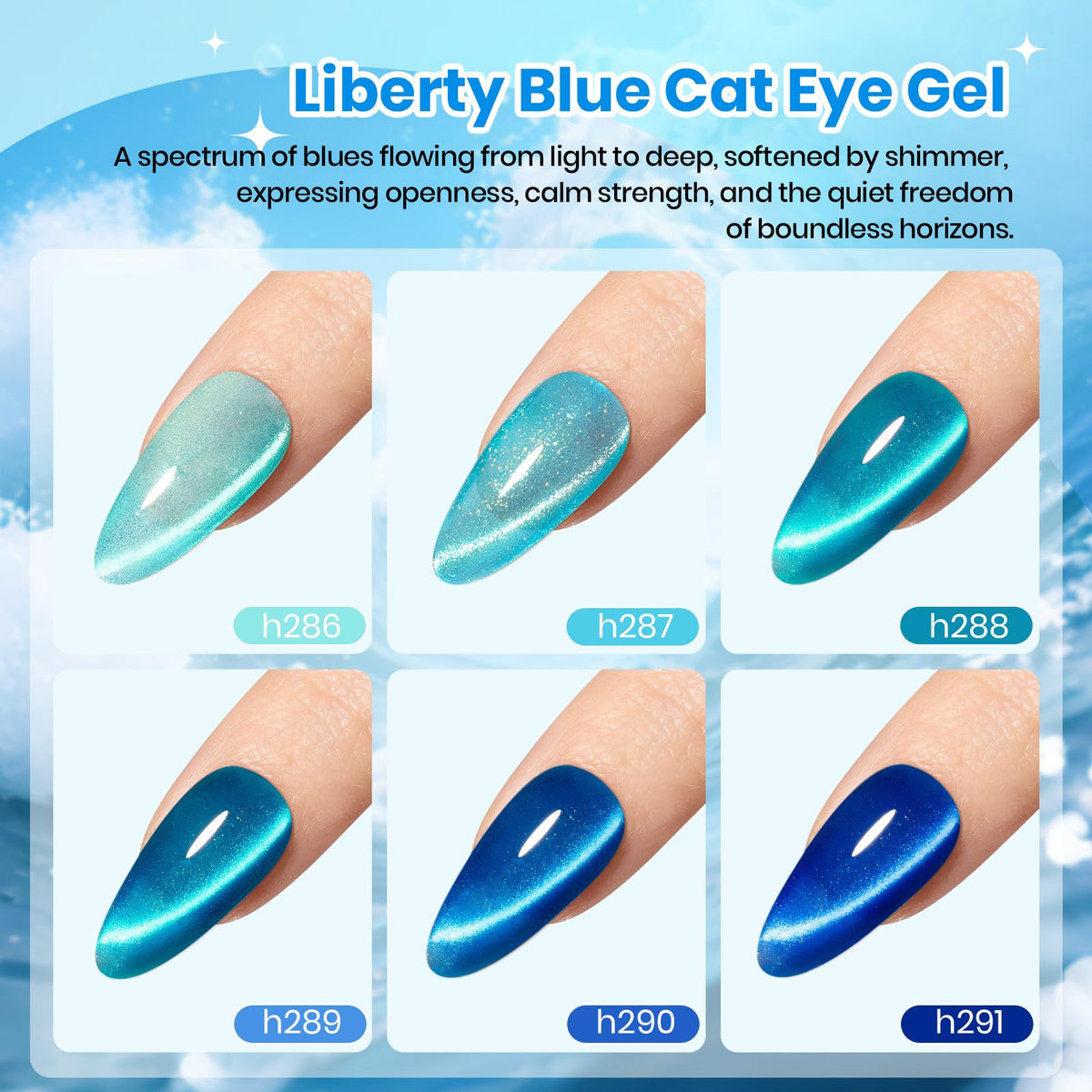 Beetles model manicure with cat eye shine showcasing dramatic blue shimmer