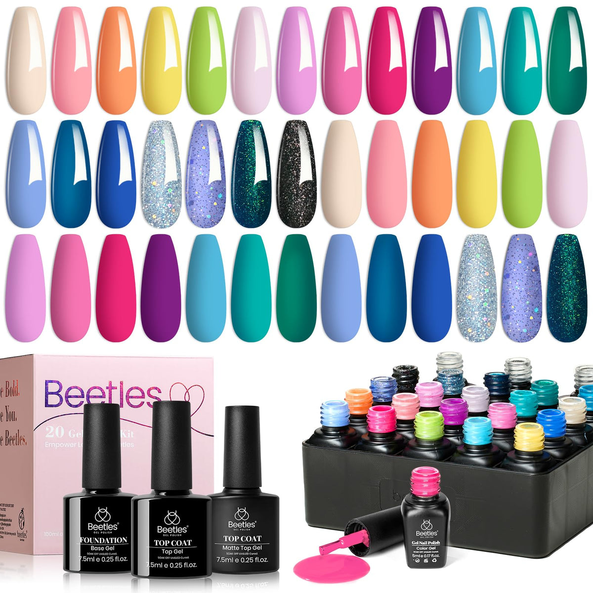 Beetles finished nails in beach setting emphasizing vibrant summer look