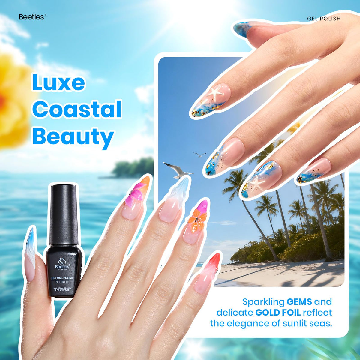 beetles lifestyle beach manicure scene demonstrates vibrant summer look