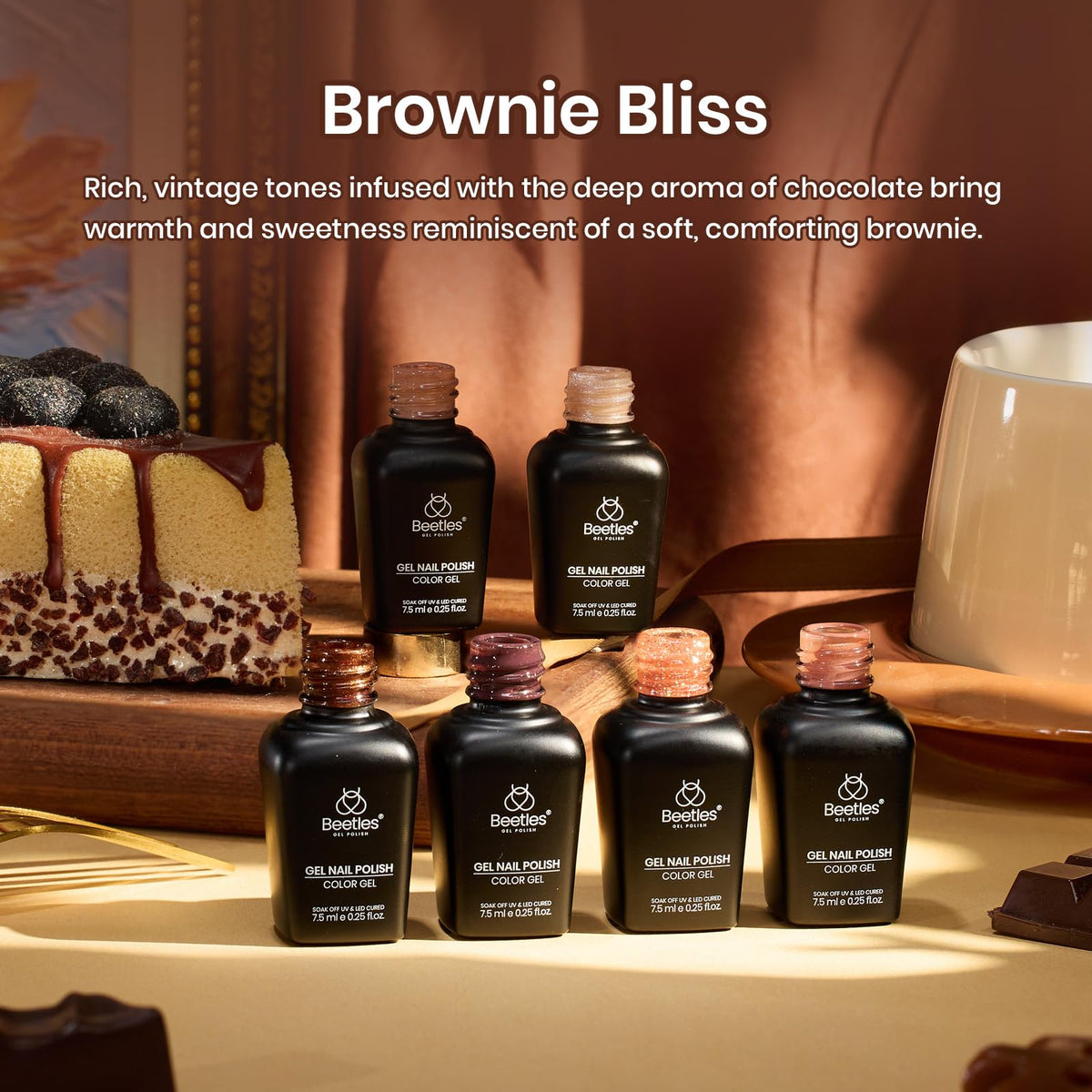 beetles styled manicure on a cozy background showing wearable brown tones