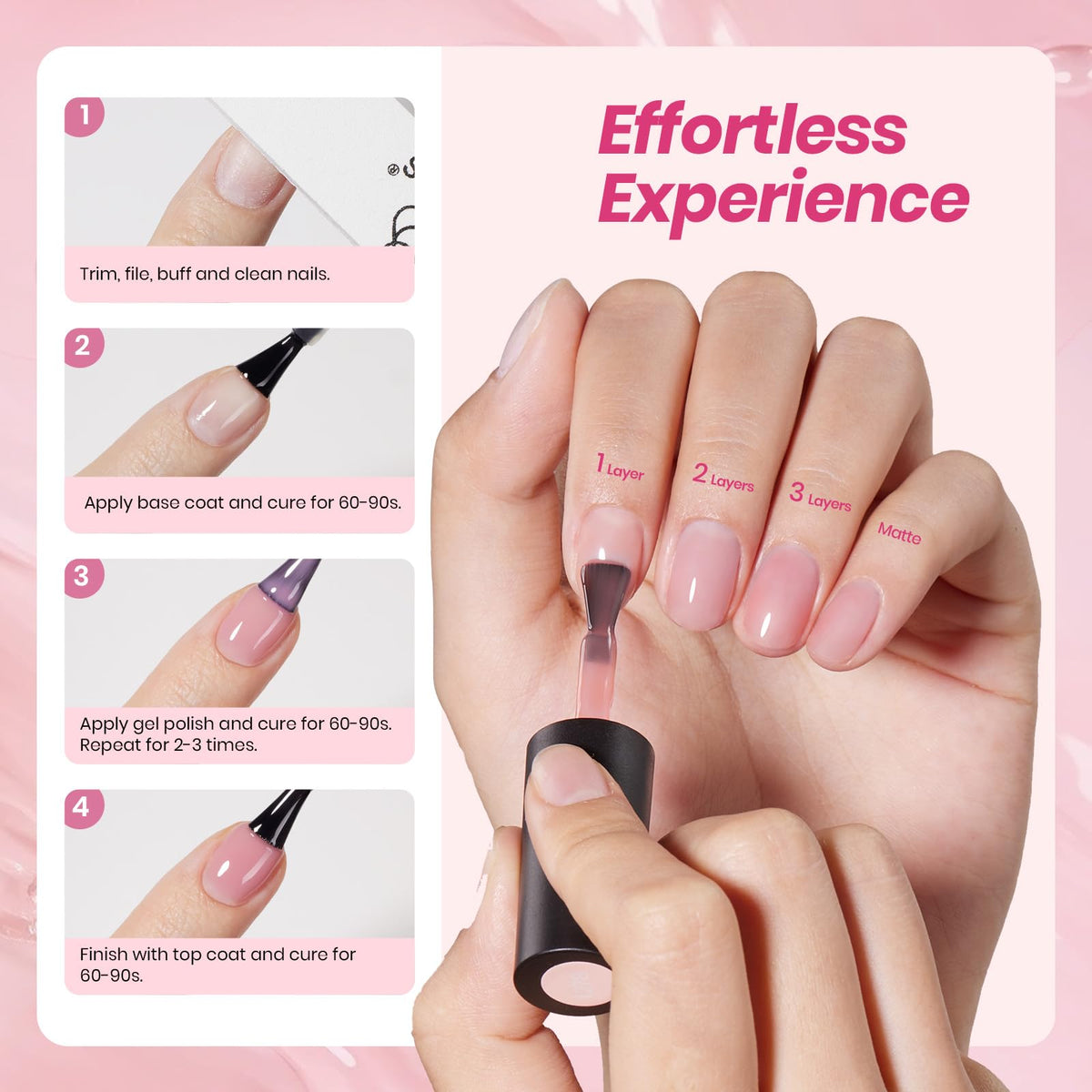 Beetles lifestyle image of hands wearing soft nude jelly manicure useful for everyday elegance