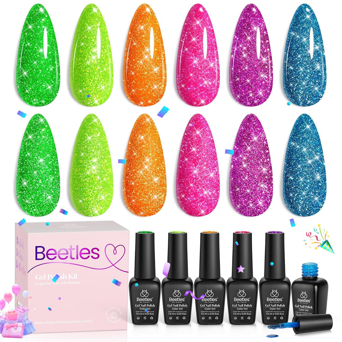 Beetles finished manicure at a party setting, showing mirror-like sparkle and festive look