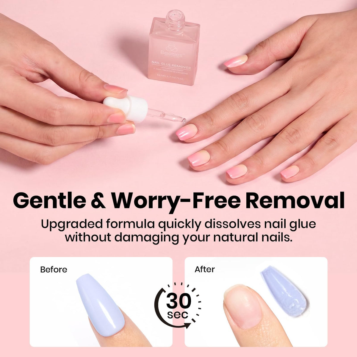 Styled hands wearing press‑on nails with Beetles kit for natural long‑wear look