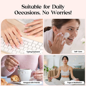 Beetles Gel Polish on woman's hands typing at a laptop, showing everyday wear suitability