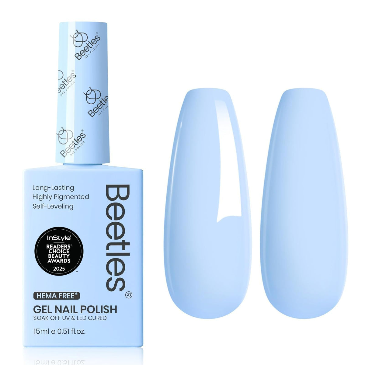 beetles Gel Polish front bottle showing true light-blue color benefit