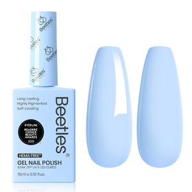 beetles Gel Polish front bottle showing true light-blue color benefit