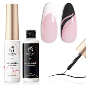beetles front packaging showing two black and white gel liner pens for travel convenience
