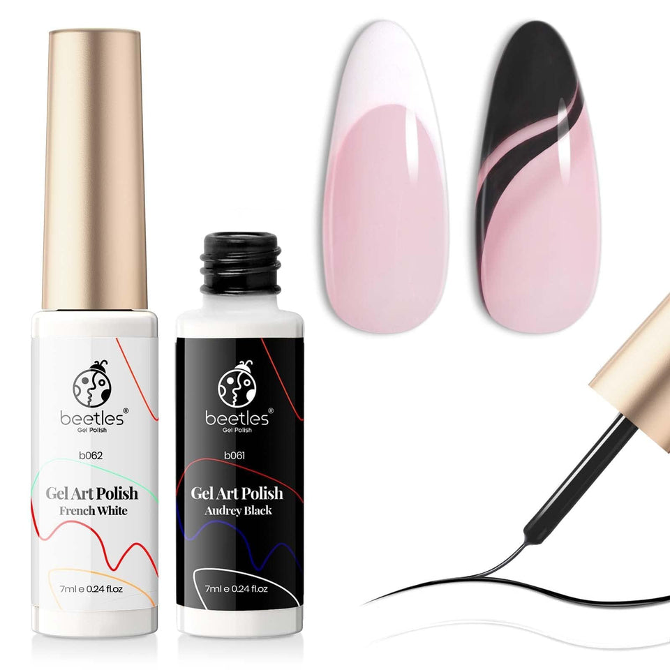 beetles front packaging showing two black and white gel liner pens for travel convenience