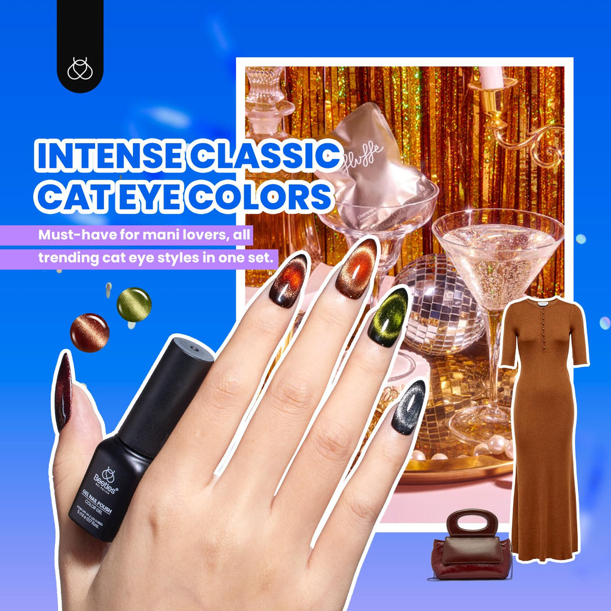 beetles magnet held above wet polish producing dramatic cat-eye stripe for creative looks