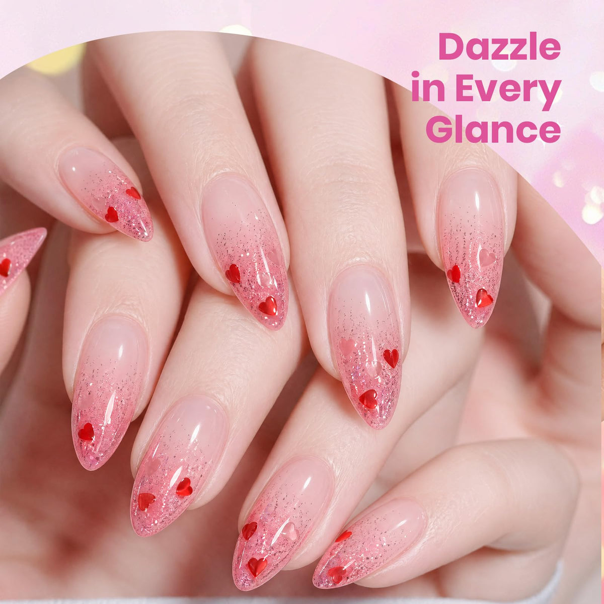 Hand model wearing Beetles Gel Polish hot pink glitter manicure demonstrating salon shine