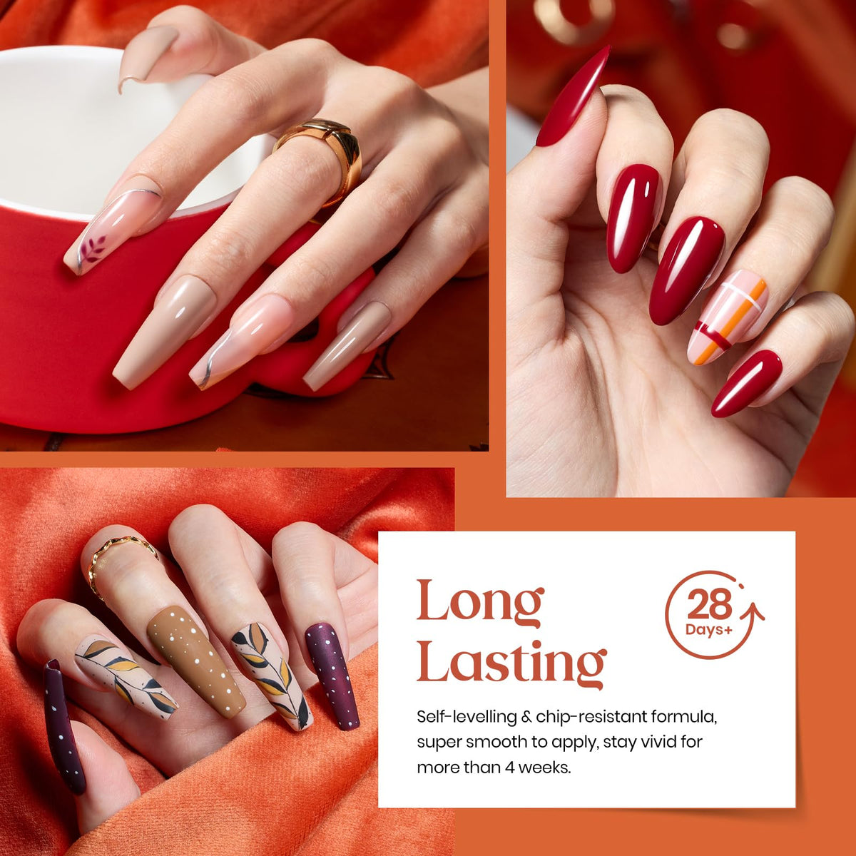 Hands wearing Beetles Cozy Campfire manicure demonstrating long-lasting finish