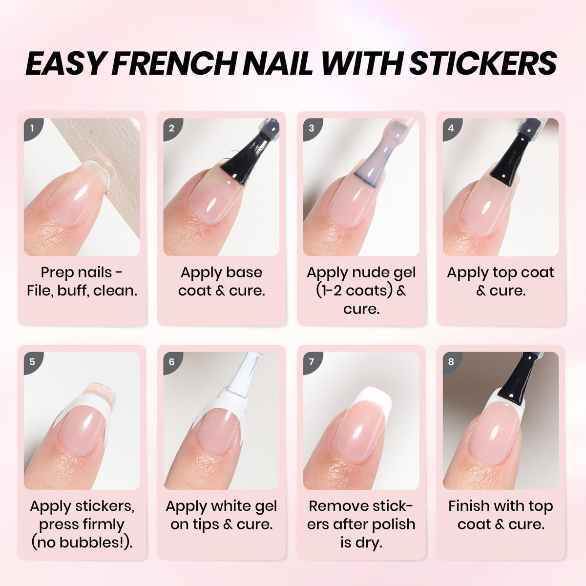 beetles manicurist applying white tip using sticker guide, professional-looking results fast