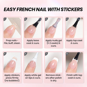 beetles manicurist applying white tip using sticker guide, professional-looking results fast