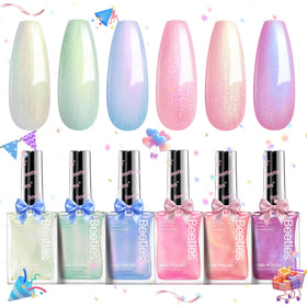 Beetles mermaid glow front packaging showing six shimmer bottles and colorful labels