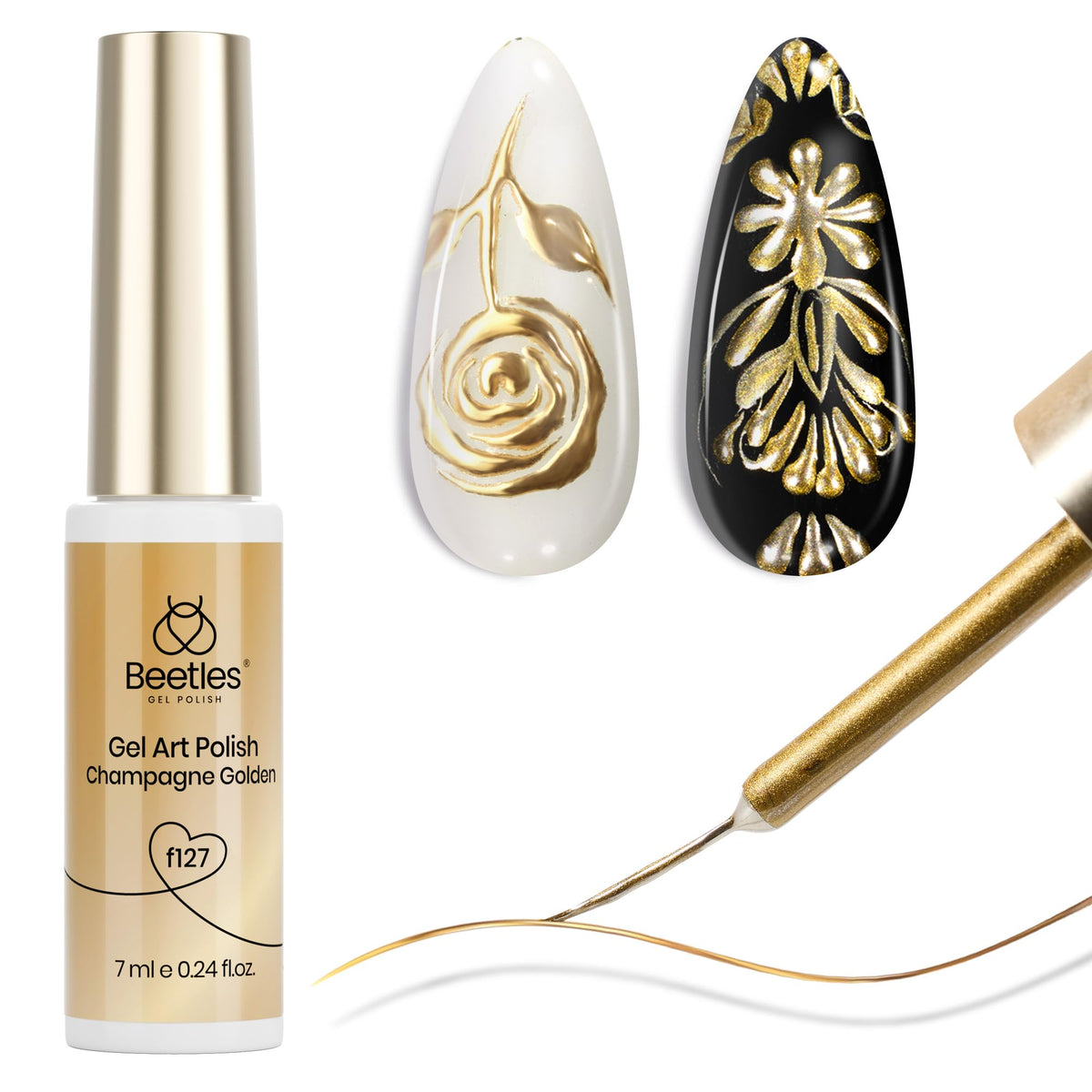 beetles Gel Polish front bottle showing metallic gold liner label and size benefit of visible brand quality