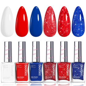 Beetles Gel Polish front packaging showing six patriotic shades for quick festive nails