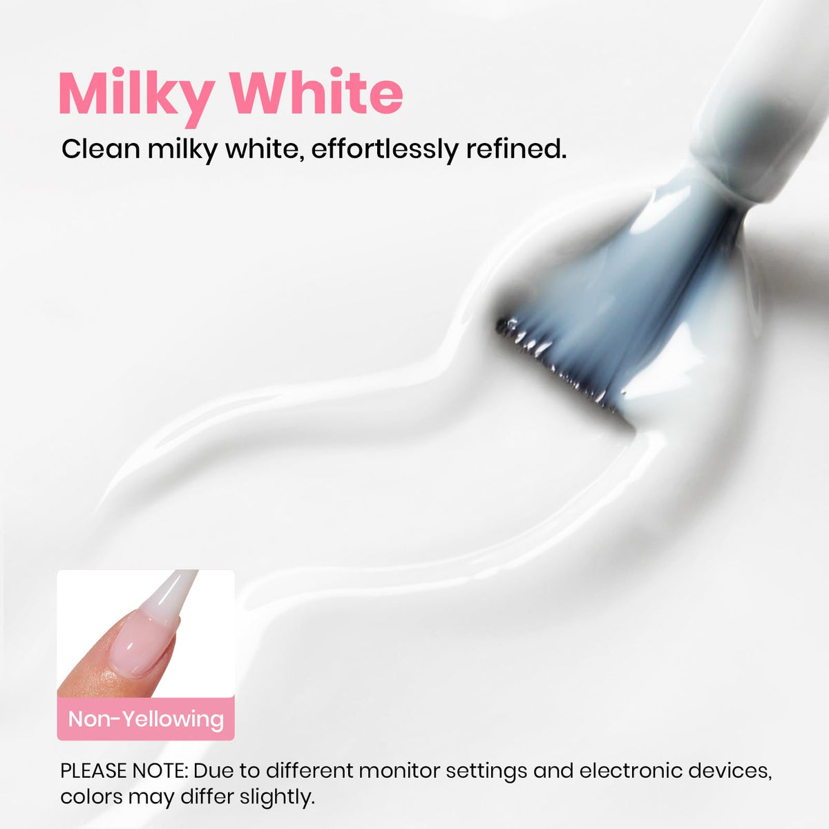 Beetles Gel Polish on model nails demonstrating soft milky white manicure