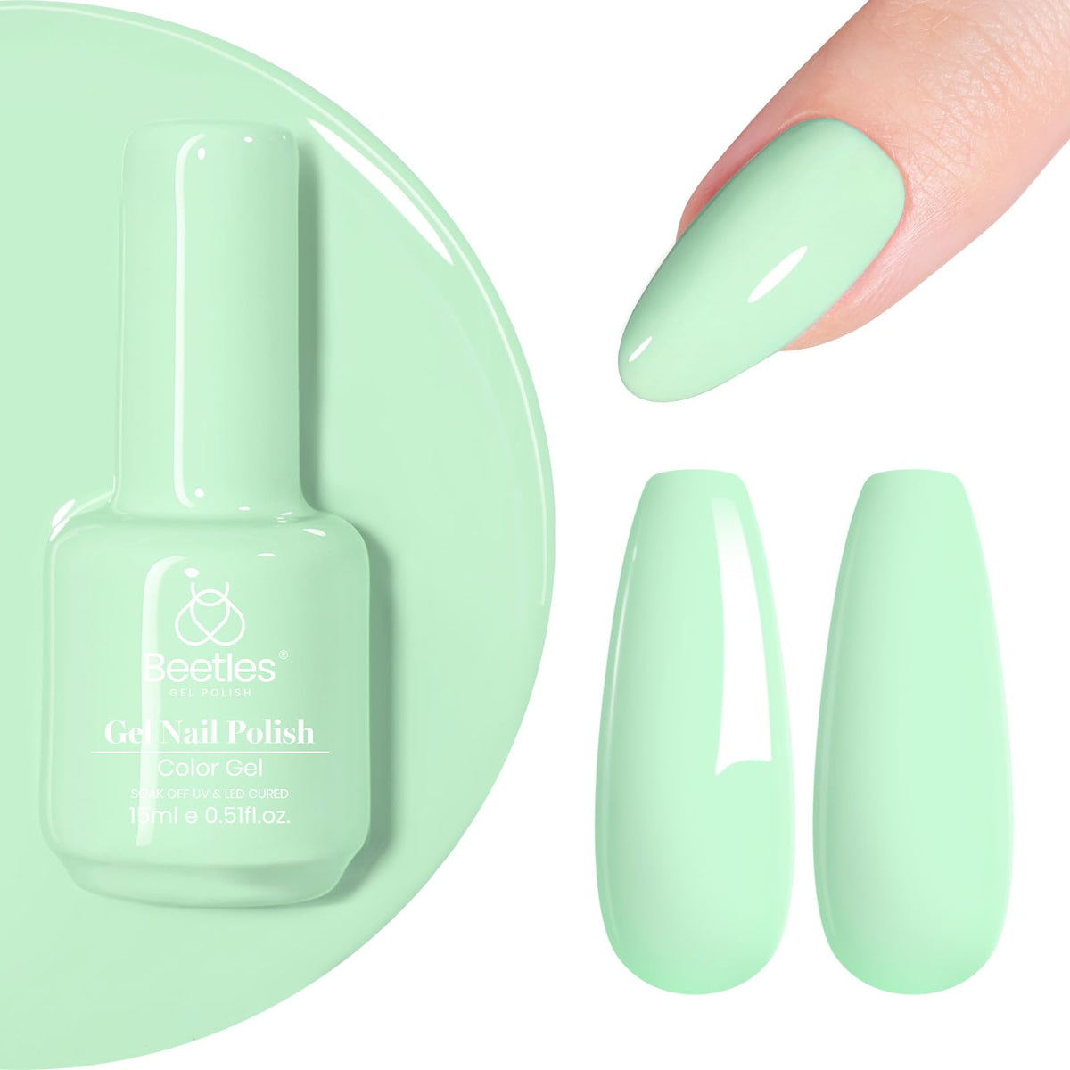 Beetles bottle front view showing mint green gel polish and neat label for easy selection