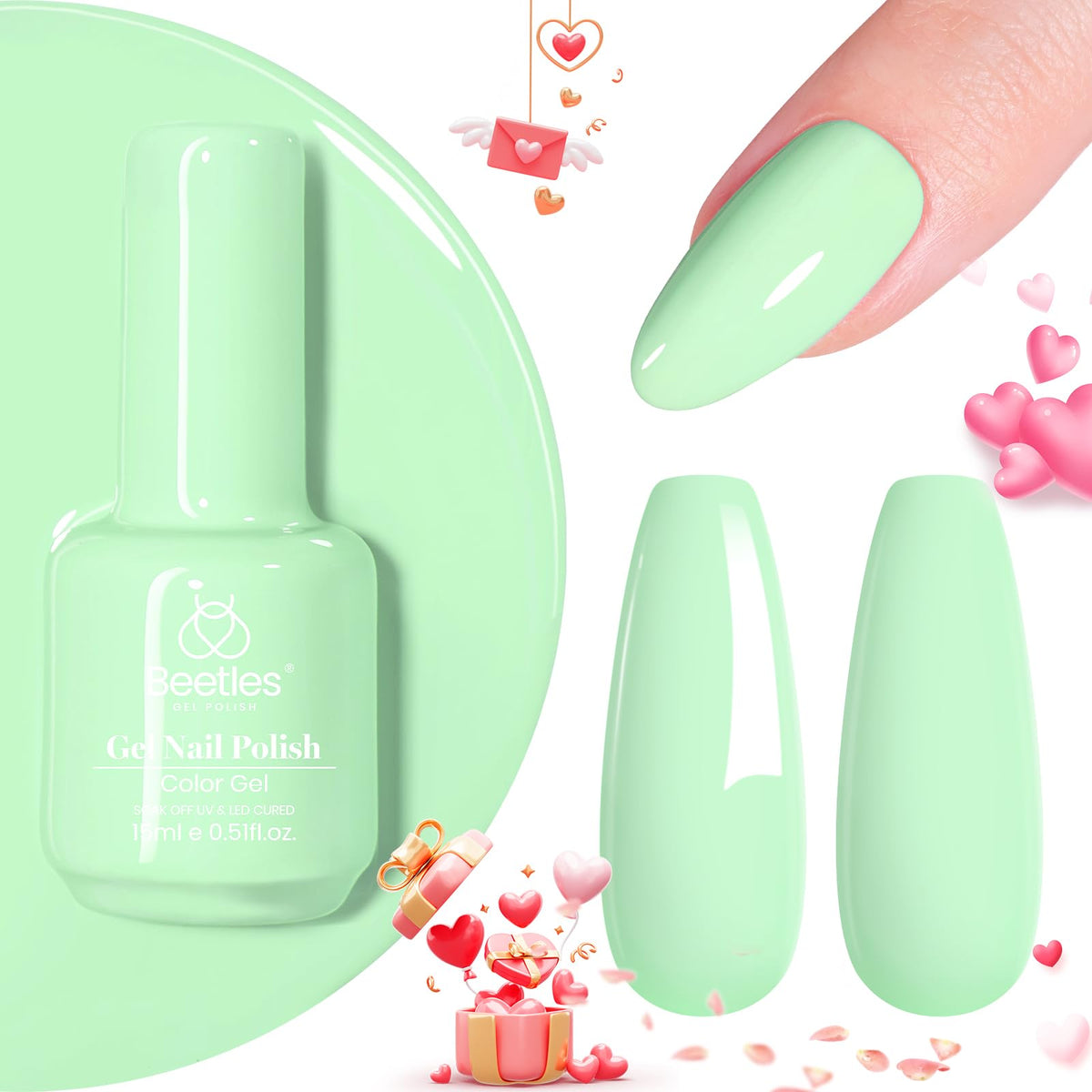 Beetles mint green manicure on hands styled outdoors showing durable salon shine