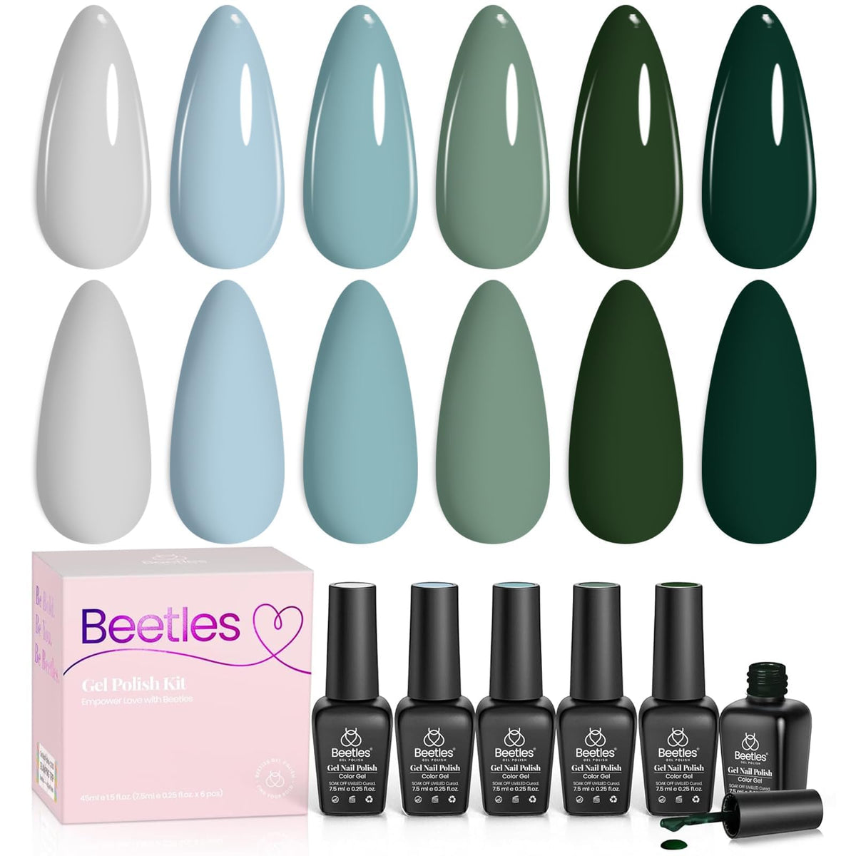 Beetles Gel Polish front packaging showing six misty green bottles and set benefit