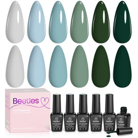 Beetles Gel Polish front packaging showing six misty green bottles and set benefit
