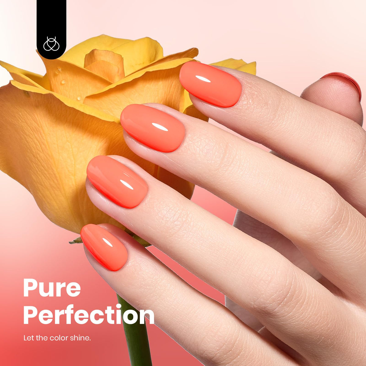beetles nail on model in salon highlighting glossy coral orange finish