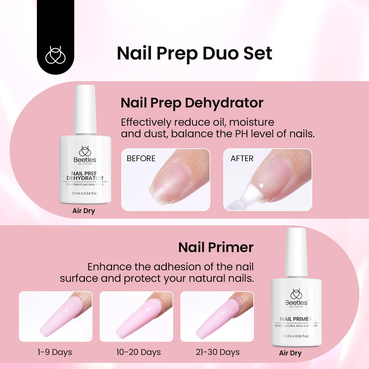 Beetles nail primer and dehydrator bottles prepping nails for adhesion