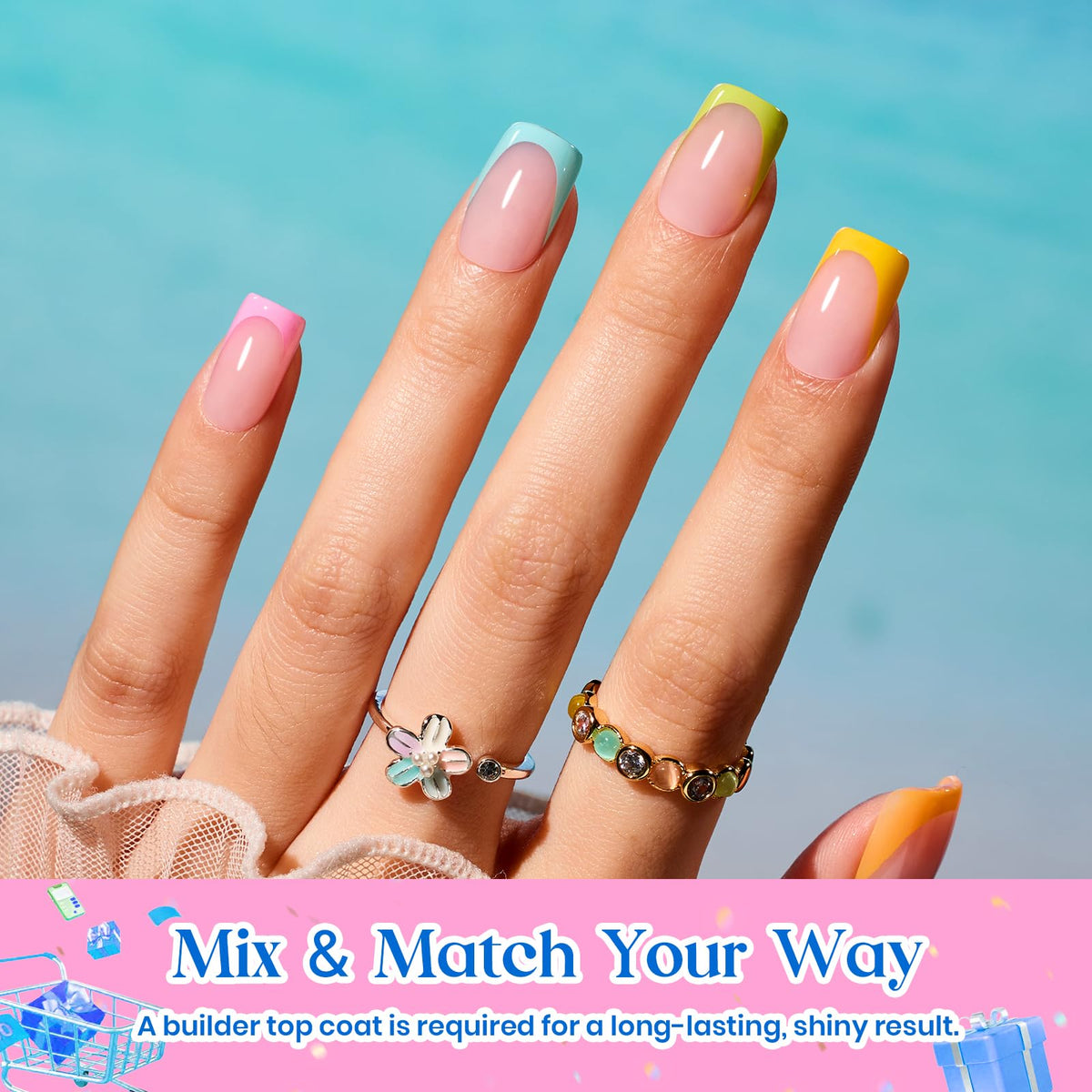 Beetles Gel Polish arranged nails by color showcasing seven neon shades benefit color variety