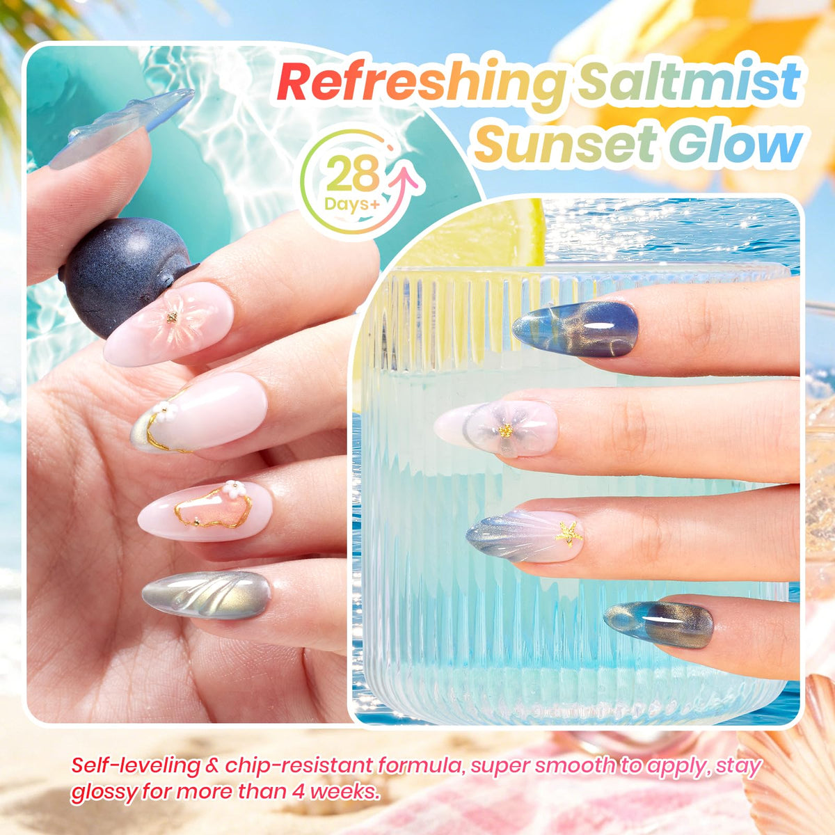 beetles nails in use at beach lifestyle photo showing durable glossy wear and summer-ready look