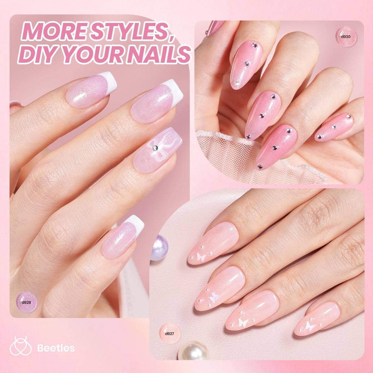 Beetles on natural nails creating French-style glossy pink manicure