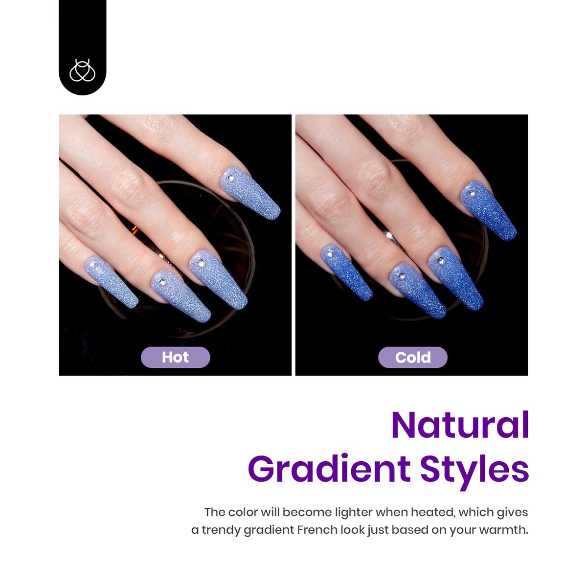 Beetles manicure in use demonstrating warm-to-cool color change on nails