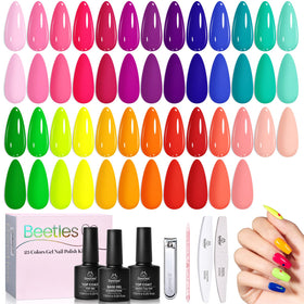 beetles front packaging showing all 25 neon bottles and included top coat benefit: full summer palette