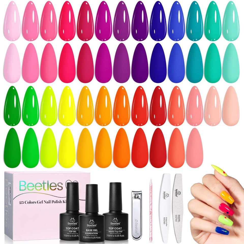 beetles front packaging showing all 25 neon bottles and included top coat benefit: full summer palette