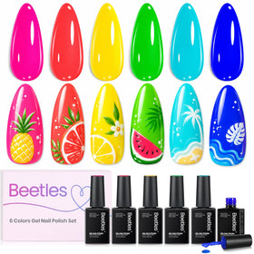 Beetles front packaging showing six neon gel bottles and vibrant branding benefit: clear color set view