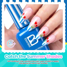 Beetles Gel Polish on painted nails at beach, bright neon holds color
