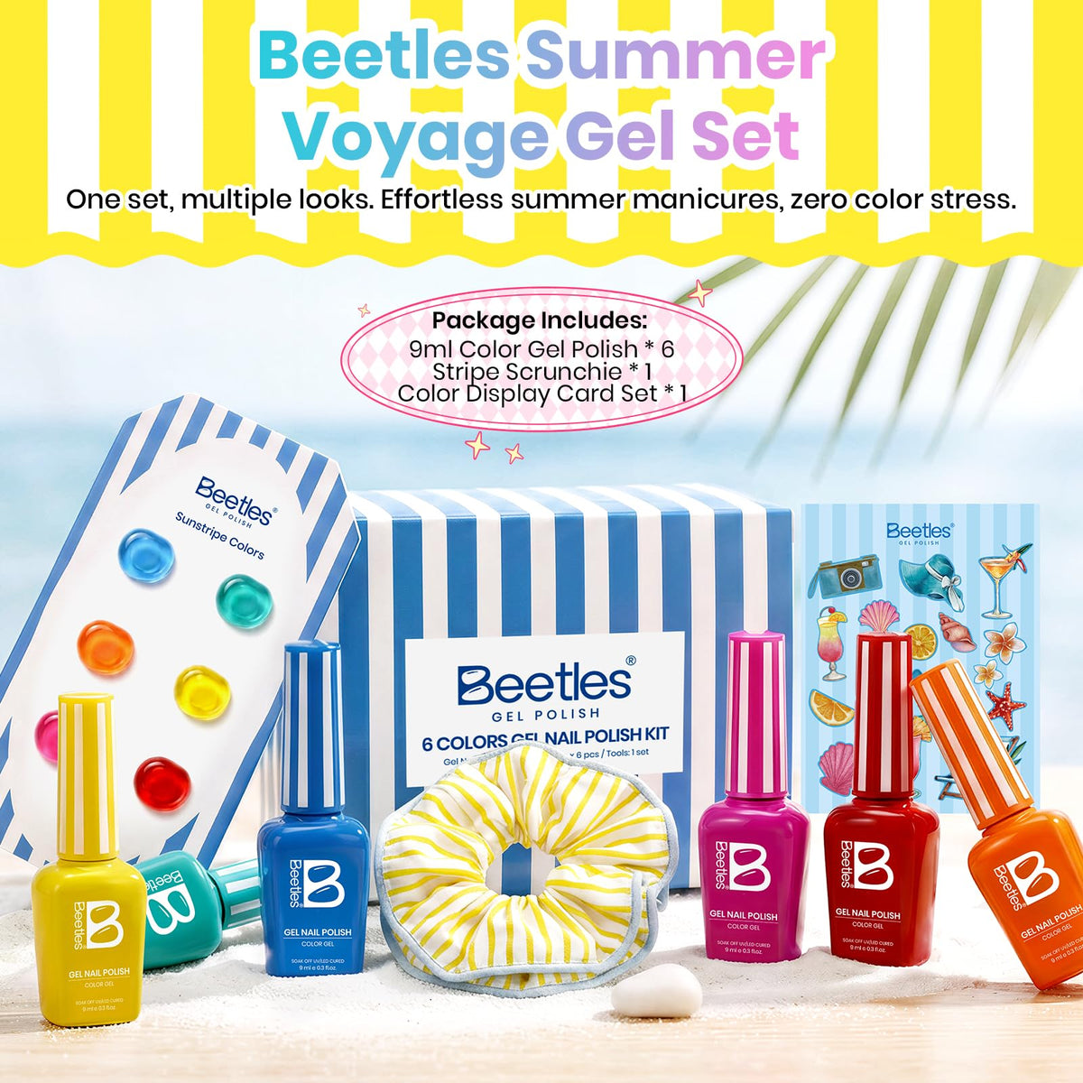 Beetles Gel Polish open box showing six bottles and accessories, ready to use
