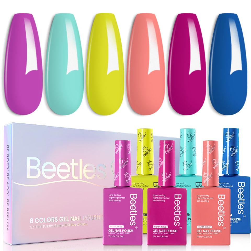 Beetles front packaging showing six neon bottles and bright colors, perfect for bold manicures