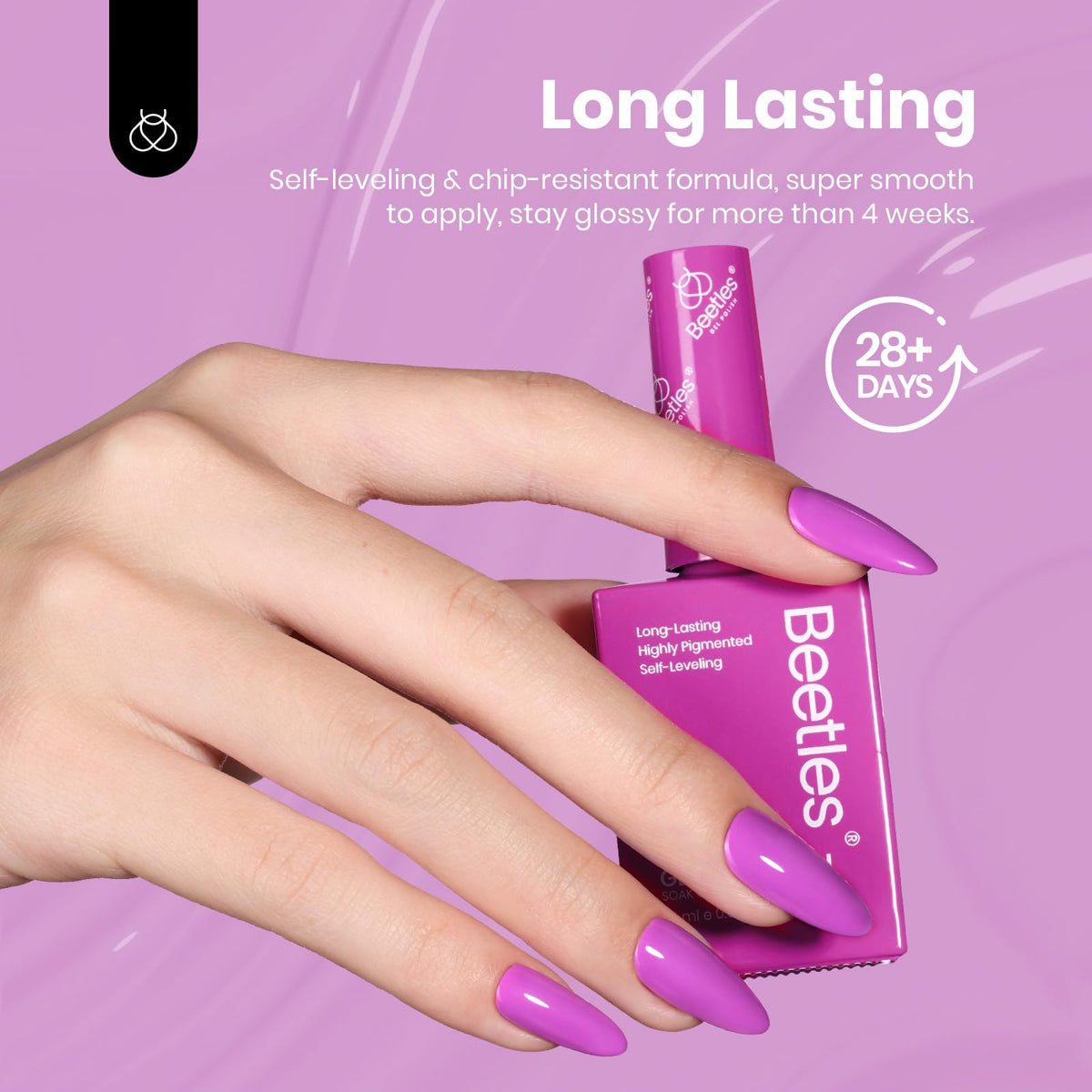 Beetles bottle next to ruler showing 15ML scale for salon-sized, travel-friendly capacity