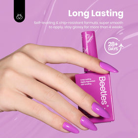 Beetles bottle next to ruler showing 15ML scale for salon-sized, travel-friendly capacity
