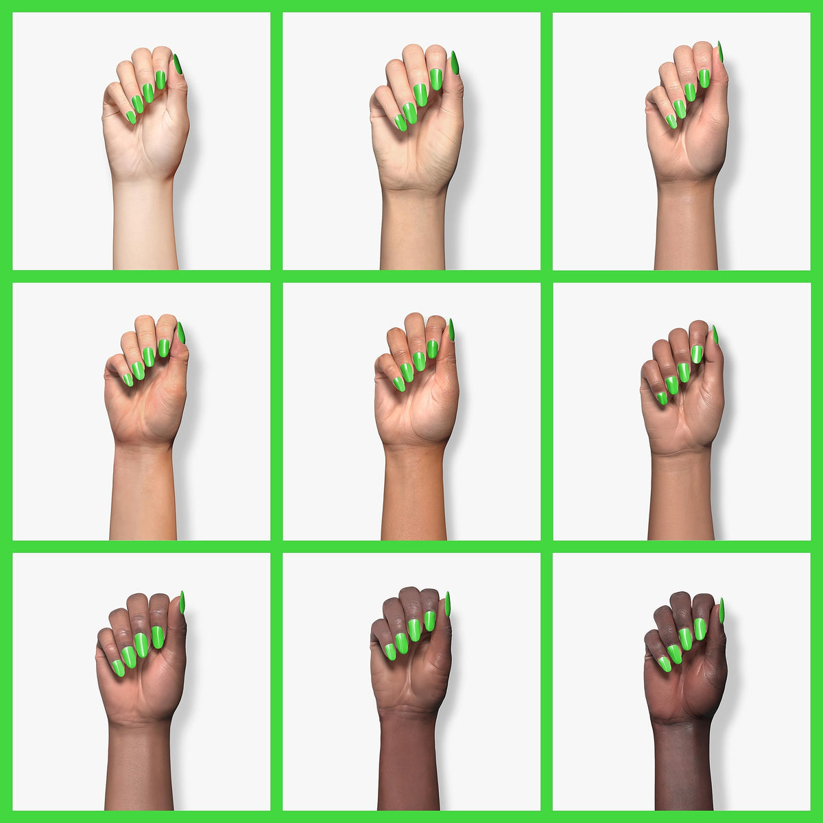 beetles neon green applied on nails in studio showing glossy finish