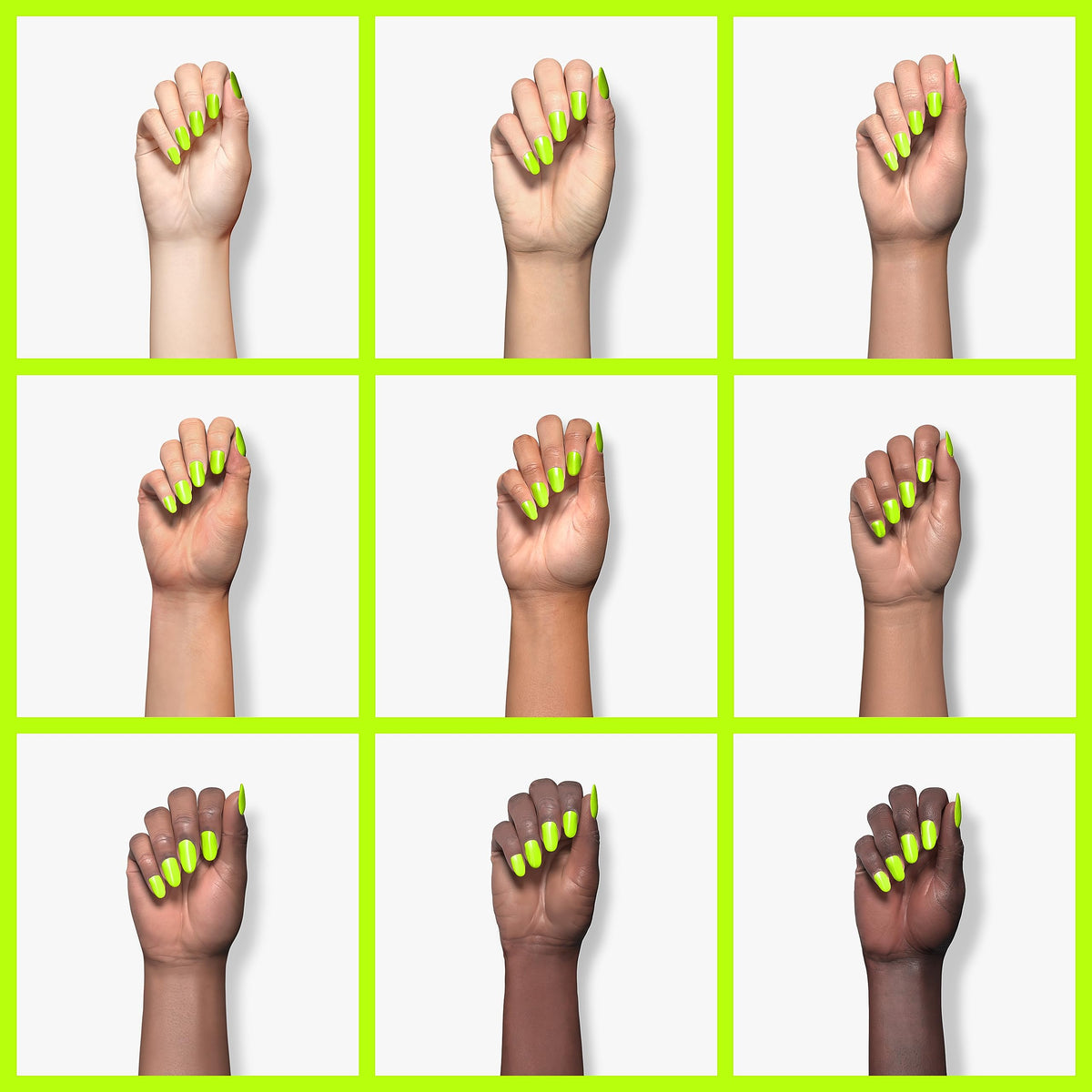 beetles neon green swatch fan offering multiple nail finish examples