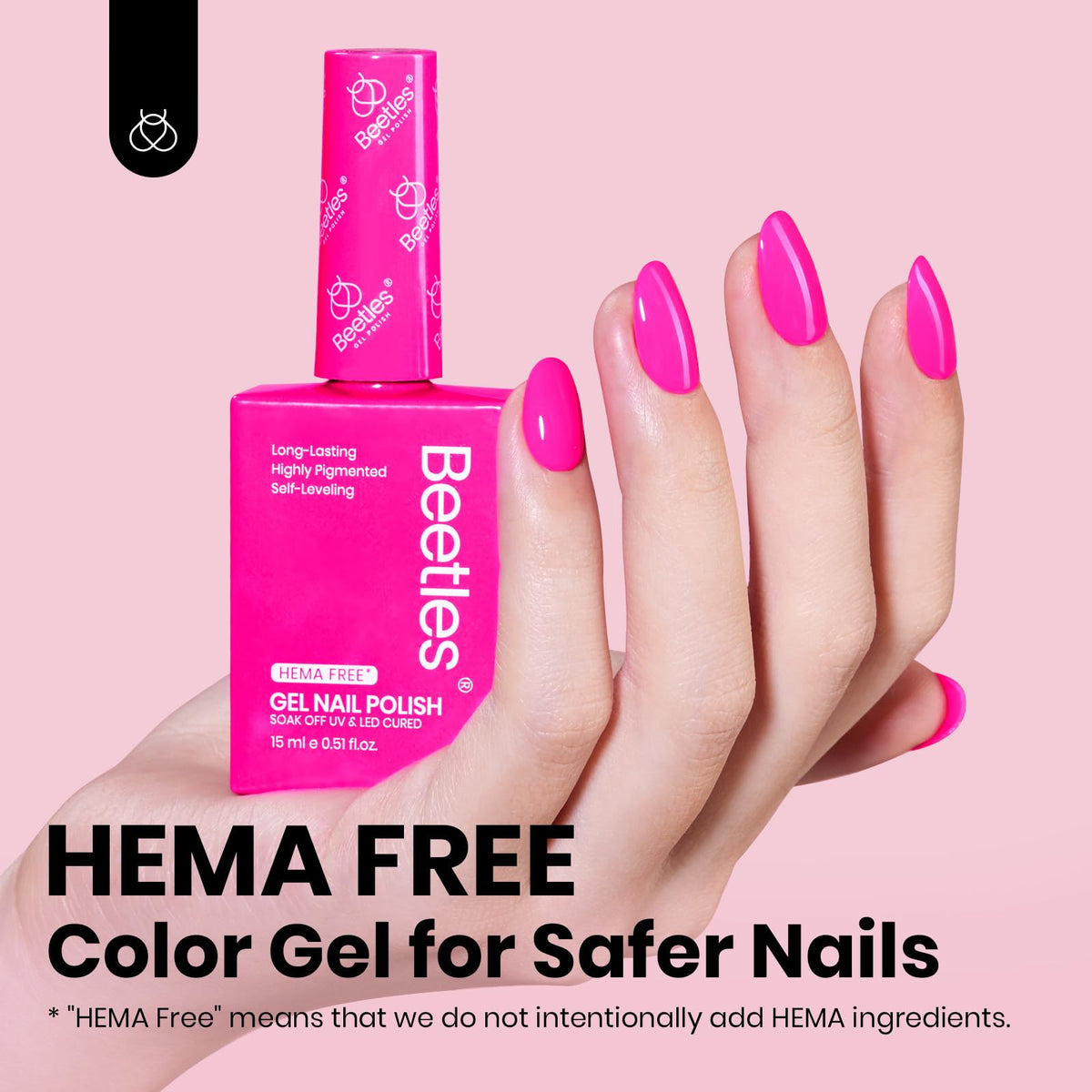 Beetles Gel Polish swatches on nail tips showing vibrant neon pink payoff