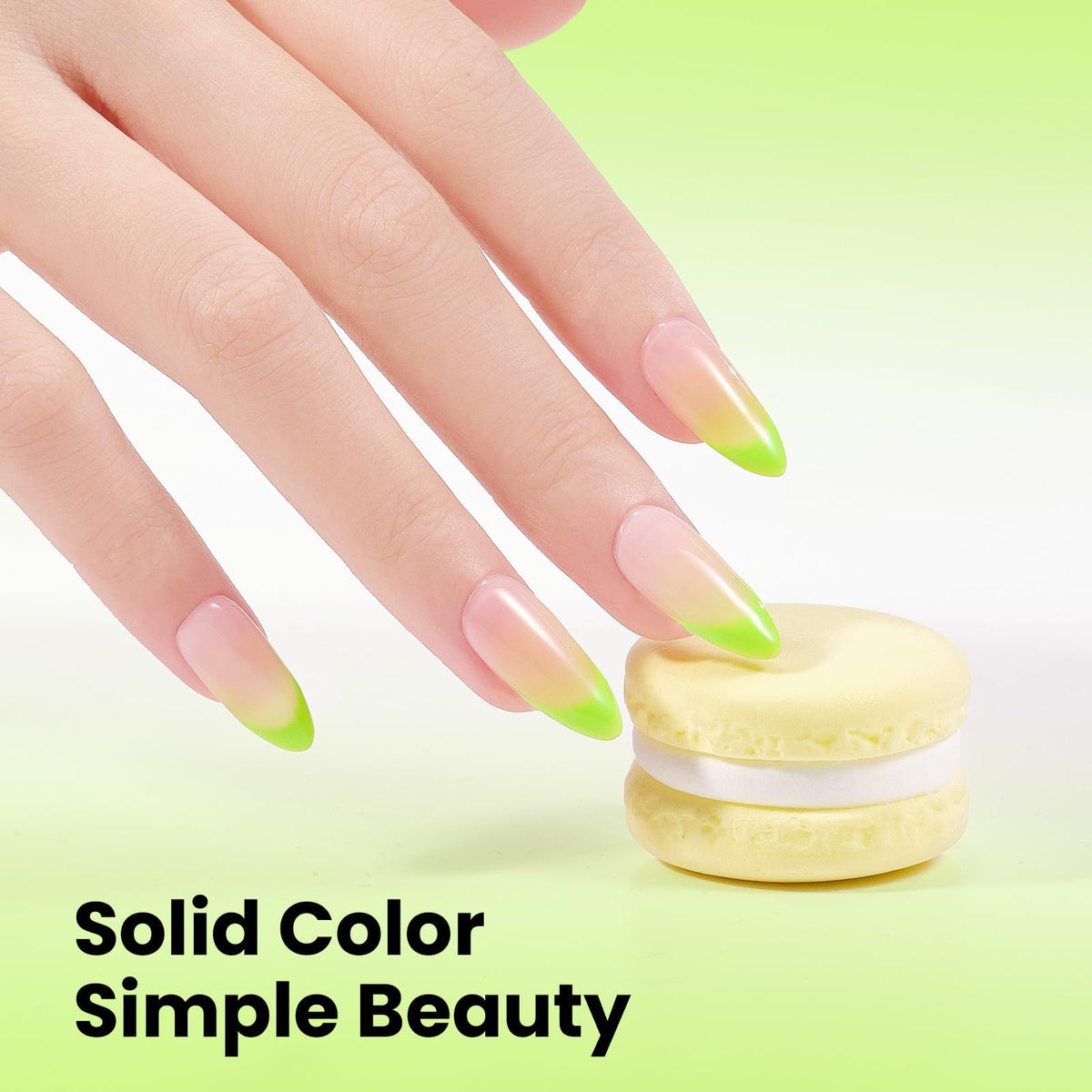 beetles cured nails wearing neon green polish under LED lamp, durable salon finish