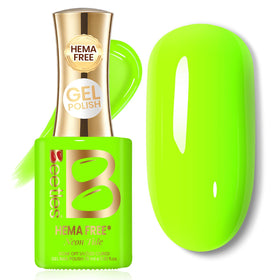 beetles bottle front view showing neon green polish and clear branding, vibrant payoff