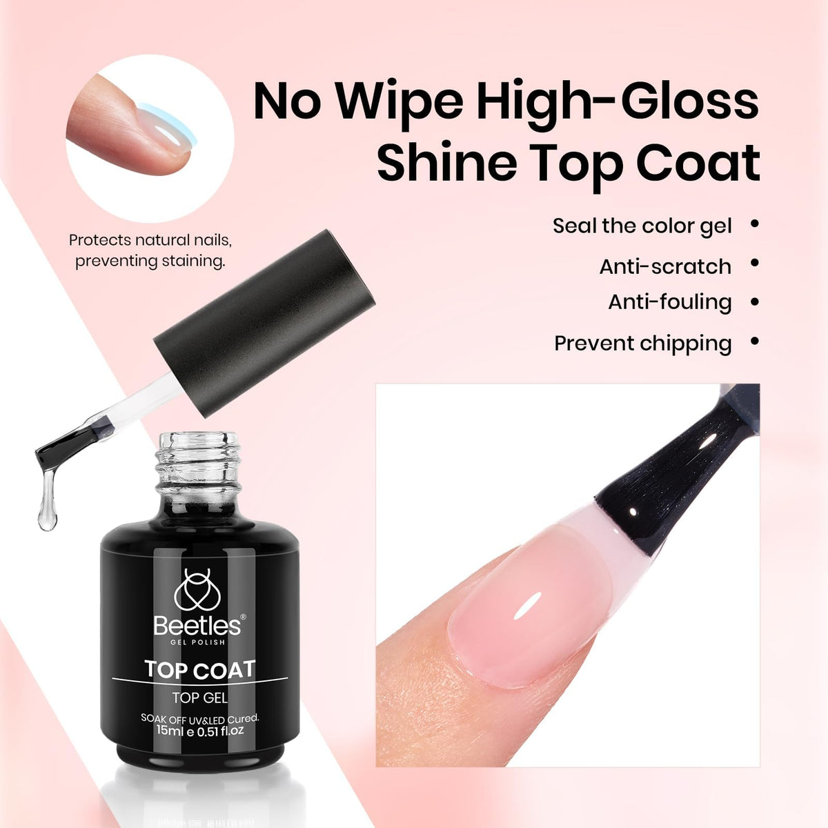 Beetles finished nails showing no-wipe top coat high-gloss protection