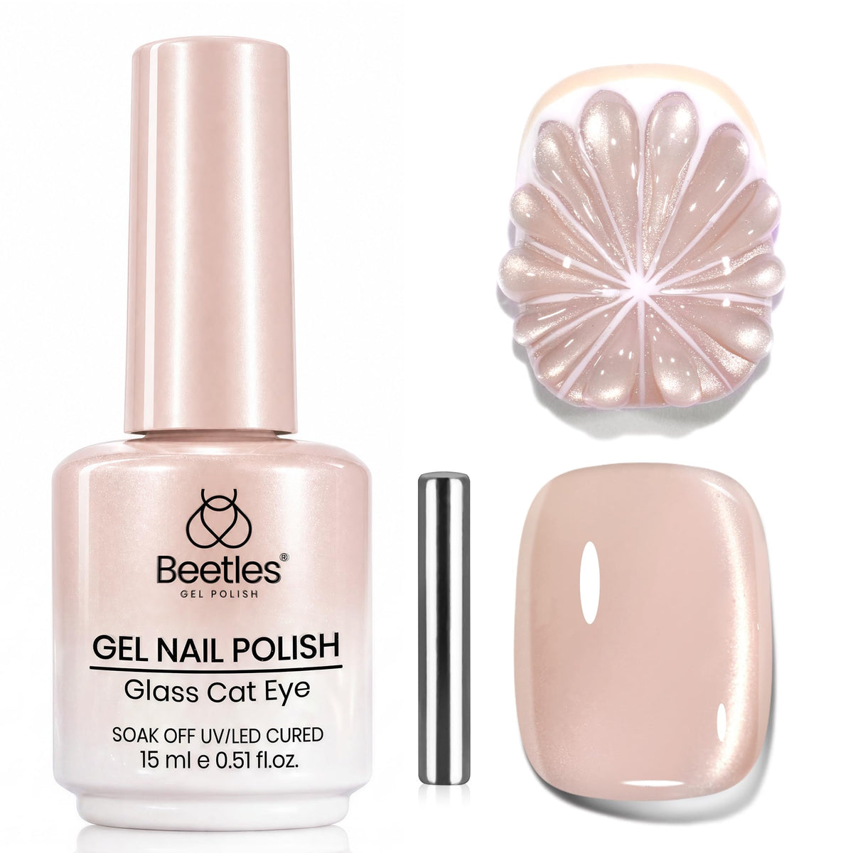 Beetles front packaging showing 15ml bottle and sleek nude color benefit elegant presentation